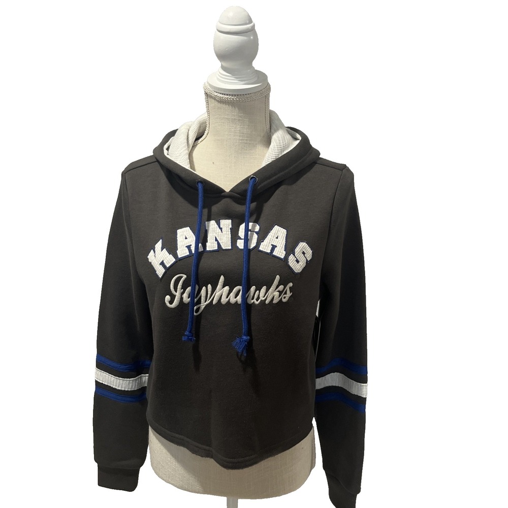 NWT Colosseum KU Jayhawks Cropped Hoodie Sweatshirt Womens Size Small Gray Blue